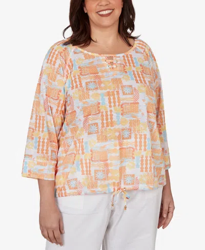 Hearts Of Palm Plus Size Printed Slub Blouson Top With Three-quarter-sleeves In Multi