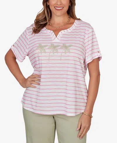 Hearts Of Palm Plus Size Printed Slub Top With Banded Neck In White