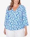 Hearts Of Palm Plus Size Printed Stretch Jersey 3/4 Sleeve Top In Blue
