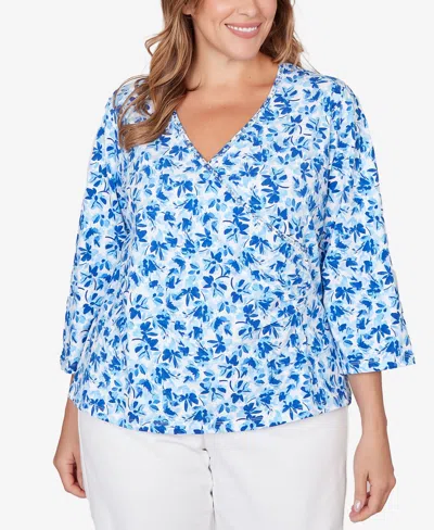 Hearts Of Palm Plus Size Printed Stretch Jersey 3/4 Sleeve Top In Blue