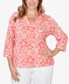 Hearts Of Palm Plus Size Printed Stretch Jersey Horseshoe Neck Top In Pink