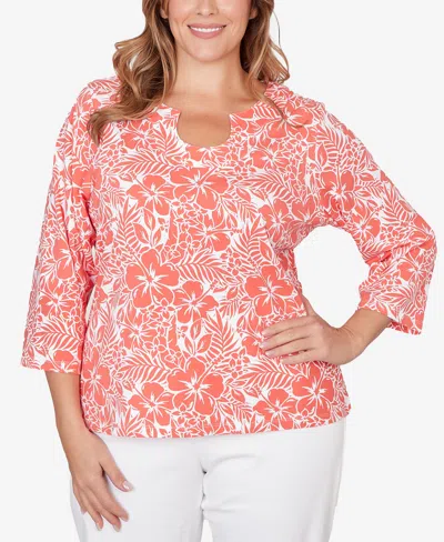 Hearts Of Palm Plus Size Printed Stretch Jersey Horseshoe Neck Top In Pink