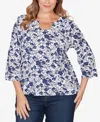 Hearts Of Palm Plus Size Printed Stretch Jersey Horseshoe Neck Top In White
