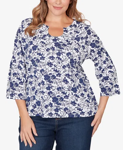 Hearts Of Palm Plus Size Printed Stretch Jersey Horseshoe Neck Top In White