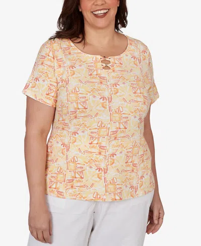 Hearts Of Palm Plus Size Printed Stretch Jersey Short-sleeve Bead Neck Top In Neutral