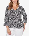 Hearts Of Palm Plus Size Printed Stretch Jersey V-neck Top In Black