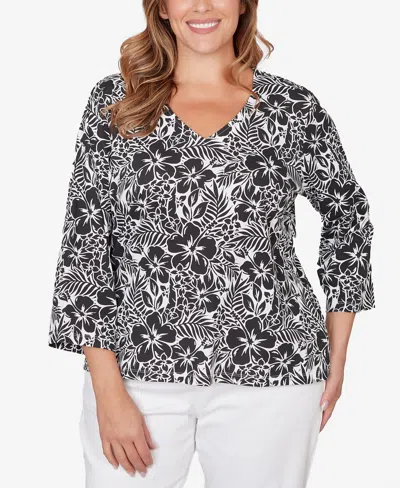 Hearts Of Palm Plus Size Printed Stretch Jersey V-neck Top In Black