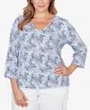Hearts Of Palm Plus Size Printed Stretch Jersey V-neck Top In Blue