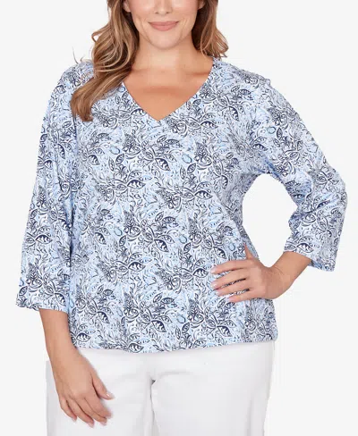 Hearts Of Palm Plus Size Printed Stretch Jersey V-neck Top In Blue