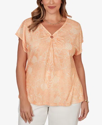 Hearts Of Palm Plus Size Printed V-neck Top In Orange