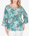 Hearts Of Palm Plus Size Printed Woven Crinkle 3/4 Sleeve Top In Green