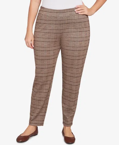Hearts Of Palm Plus Size Pull On Plaid Pants In Brown