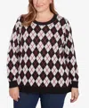 Hearts Of Palm Plus Size Red-y To Shine Argyle Sweater In Black Multi