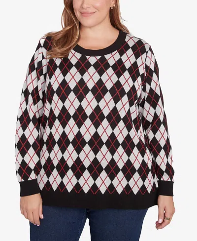 Hearts Of Palm Plus Size Red-y To Shine Argyle Sweater In Black Multi