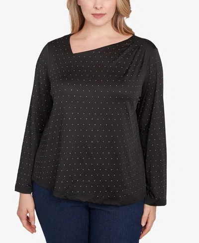 Hearts Of Palm Plus Size Red-y To Shine Asymmetrical Neck Top In Black Multi