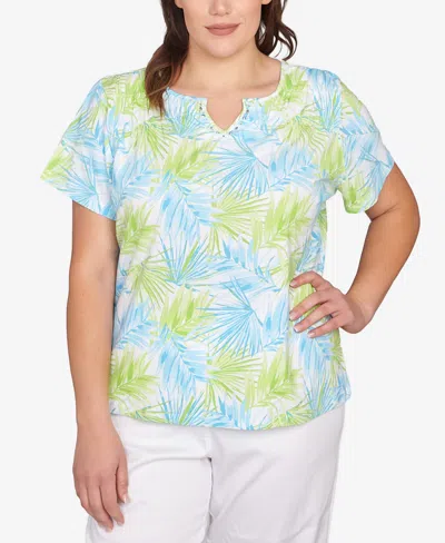 Hearts Of Palm Plus Size Short Sleeve Leaf Print Top In Bright Green Multi