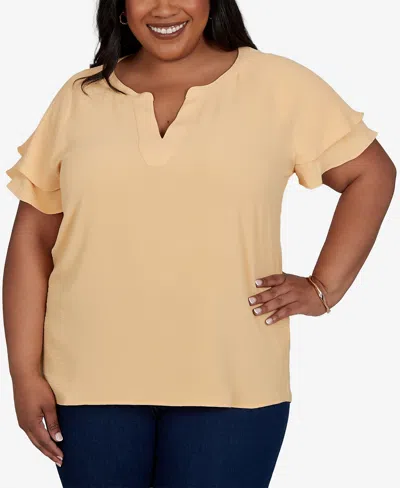 Hearts Of Palm Plus Size Solid Crinkle Double Flutter-sleeve Top In Brown