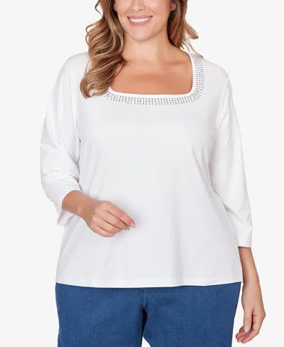 Hearts Of Palm Plus Size Solid Embellished 3/4 Sleeve Top In White