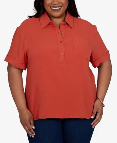 Hearts Of Palm Plus Size Solid Henley Popover Top In Red