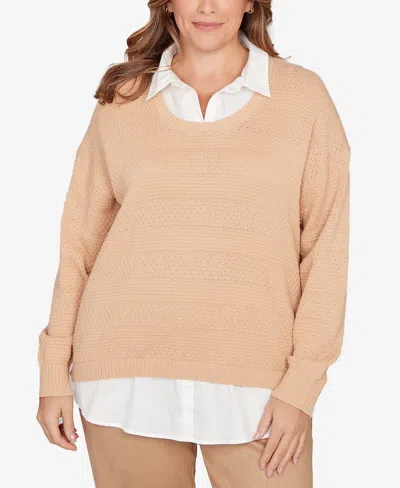 Hearts Of Palm Plus Size Solid Textured Stripe Two Fer Sweater In Multi