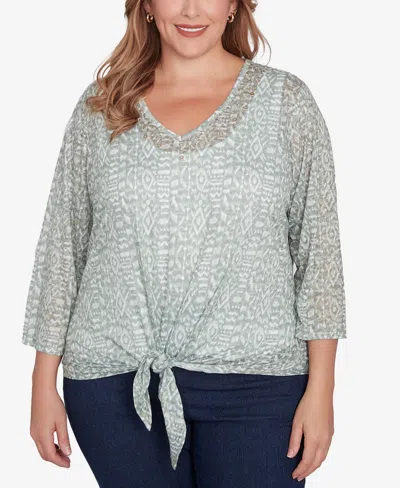 Hearts Of Palm Plus Size Spring Forward Printed Burnout V-neck Top In Willow Multi