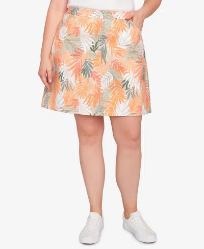 Hearts Of Palm Plus Size Spring Forward Printed Tech Stretch Pull On Skort In Taupe Multi