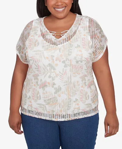 Hearts Of Palm Plus Size Spring Forward Short Sleeve Textured Top In Taupe Multi