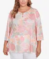 Hearts Of Palm Plus Size Spring Forward Tunic Ring Front 3/4 Sleeve Top In Orange Multi