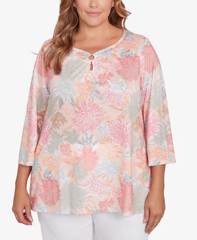 Hearts Of Palm Plus Size Spring Forward Tunic Ring Front 3/4 Sleeve Top In Orange Multi