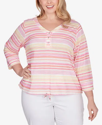 Hearts Of Palm Plus Size Spring Into Action 3/4 Sleeve Top In Orchid Multi