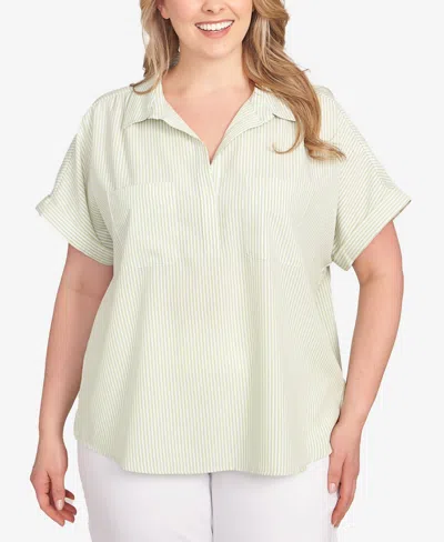 Hearts Of Palm Plus Size Stripe Pull Over Top In Bright Green Multi