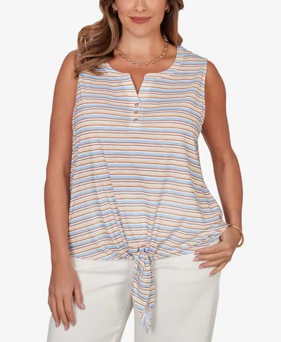 Hearts Of Palm Plus Size Striped Slub Sleeveless Henley Tie Front Top In Multi