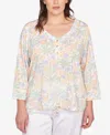 Hearts Of Palm Plus Size Three Quarter Sleeve Drawstring Top In Light Green Multi