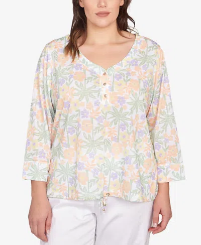 Hearts Of Palm Plus Size Three Quarter Sleeve Drawstring Top In Light Green Multi