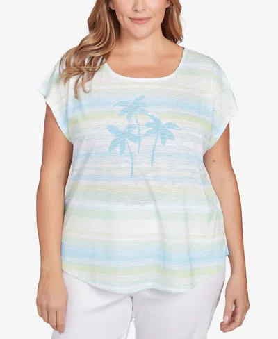 Hearts Of Palm Plus Size Tree Print Scoop Neck Top In Bright Green Multi