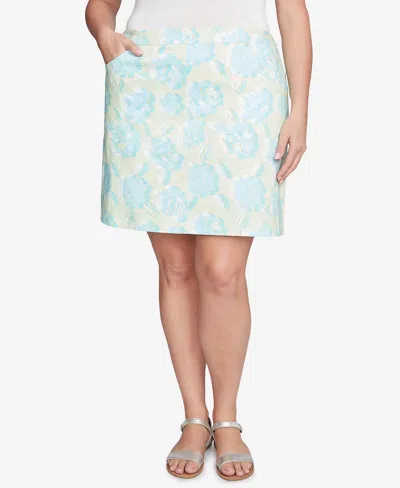 Hearts Of Palm Plus Size Tropical Print Pull On Skirt In Bright Green Multi