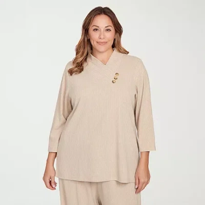 Hearts Of Palm Plus Womens Asymmetrical Neck Long Sleeve Tunic Top In Sand