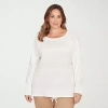Hearts Of Palm Plus Womens Round Neck Long Sleeve Striped Pullover Sweater In White