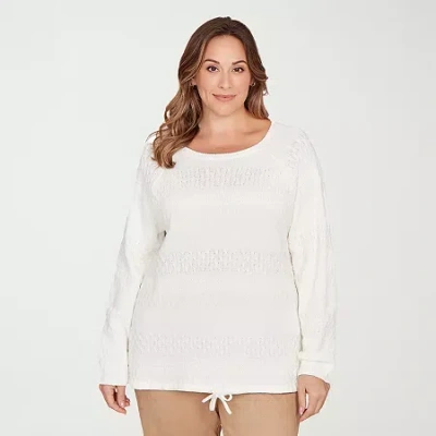 Hearts Of Palm Plus Womens Round Neck Long Sleeve Striped Pullover Sweater In White