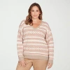 Hearts Of Palm Plus Womens V Neck Long Sleeve Jacquard Pullover Sweater In Pink