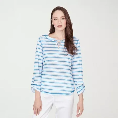 Hearts Of Palm Stripe Lacing Detail Womens Split Crew Neck 3/4 Sleeve T-shirt In Blue