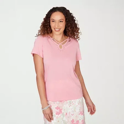 Hearts Of Palm Womens Keyhole Neck Short Sleeve Embellished Blouse In Pink