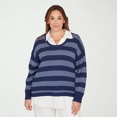 Hearts Of Palm Womens Long Sleeve Striped Layered Sweater Plus In Blue