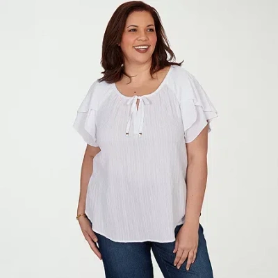 Hearts Of Palm Womens Plus Split Tie Neck Short Sleeve Blouse In Multi