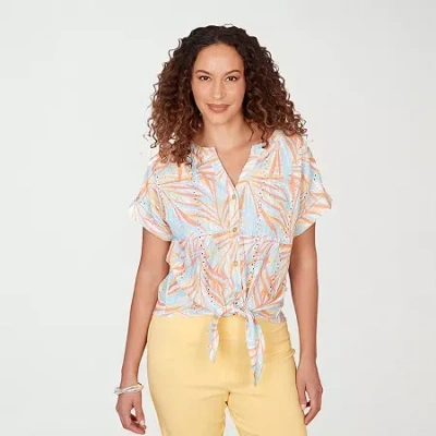 Hearts Of Palm Womens Split Crew Neck Short Sleeve Blouse In Multi