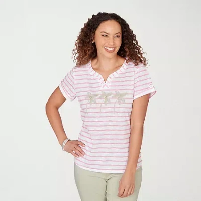 Hearts Of Palm Womens Split Crew Neck Short Sleeve Embellished Blouse In Pink