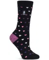 Heat Holders Women's Ultra Lite Orchid Hearts Crew Socks In Black
