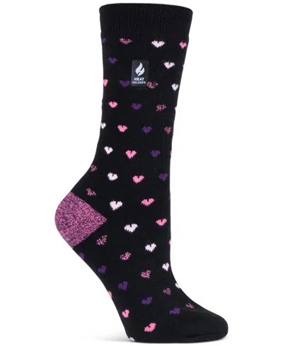 Heat Holders Women's Ultra Lite Orchid Hearts Crew Socks In Black