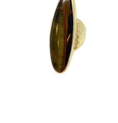 Heather Benjamin Jewelry Long Oval Tiger Iron Ring In Dark Olive/gold In Black
