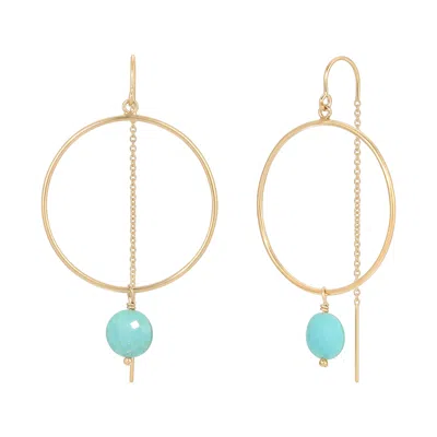 Heather Hawkins Jewelry Women's Blue Coin Gemstone Hoop Threader Earrings - Turquoise - Goldfilled